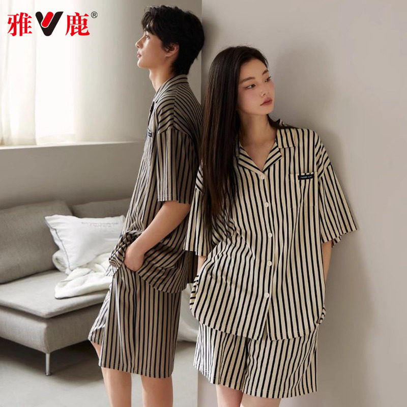 雅鹿情侣睡衣夏季纯棉短袖短裤2026年新款男士女款薄款家居服套装