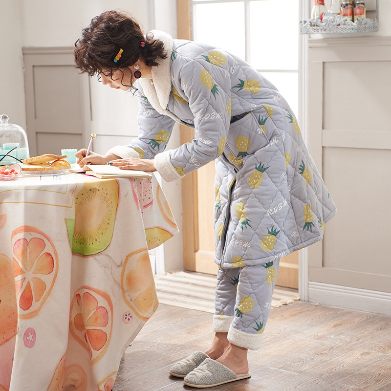 冬季三层夹棉睡衣女冬珊瑚绒加厚加绒秋冬可爱睡袍冬天纯棉加棉款