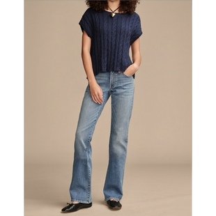 sweet蓝色做旧中腰靴形牛仔裤 美系中产复古单宁LB 女款