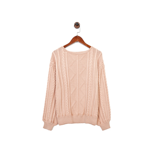 美系J 女款 棉质 藕色扭花船领套头渔夫针织衫毛衣
