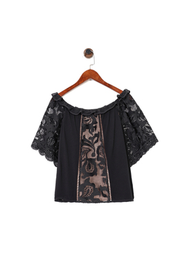 美系轻奢@lexis 女款 黑色一字领蕾丝刺绣短袖上衣