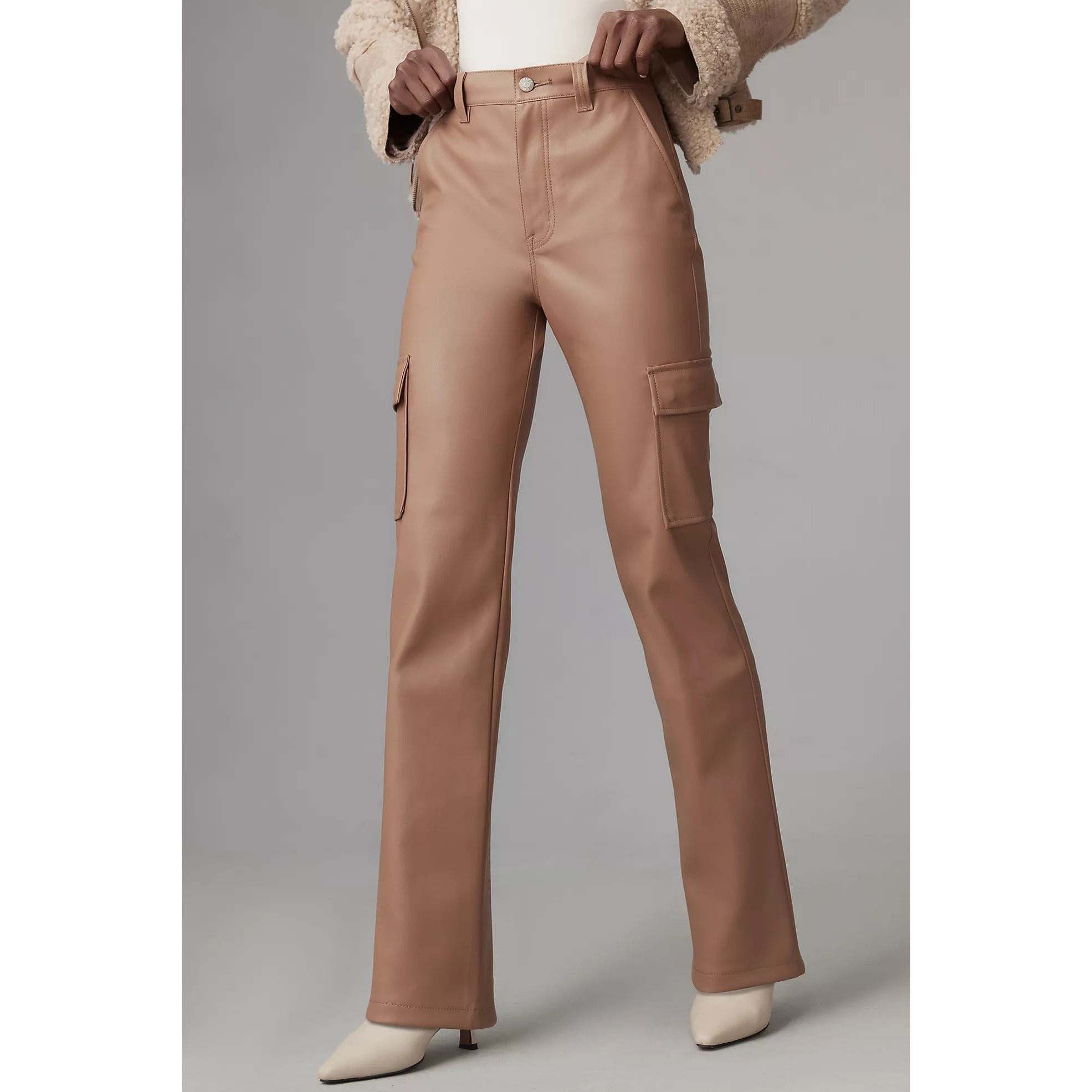 洛杉矶设计师PD 女款 卡其色 仿皮复古高腰直筒工装裤皮裤,女装/女士精品,休闲裤,淘宝优惠券,粉丝福利购,淘宝优惠卷