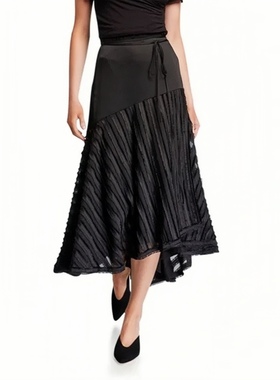 美系轻奢@lexis 女款 Danos黑色褶边拼接系带不规则半身裙