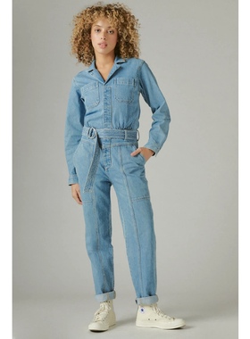 美系复古单宁LB女款 surplus蓝色裁剪系带修身长袖牛仔连体裤