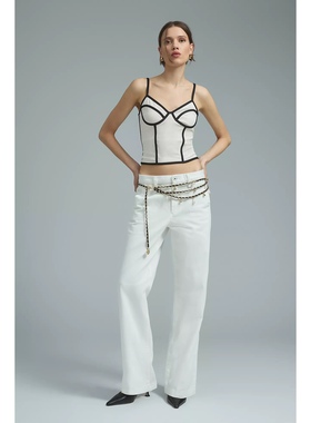 纽约轻奢都市FD 女款 棉质 白色斜纹低腰直筒牛仔裤