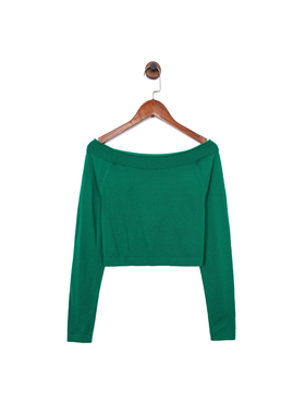 英伦b*den 女款 复古绿色卷边一字领套头短款针织衫