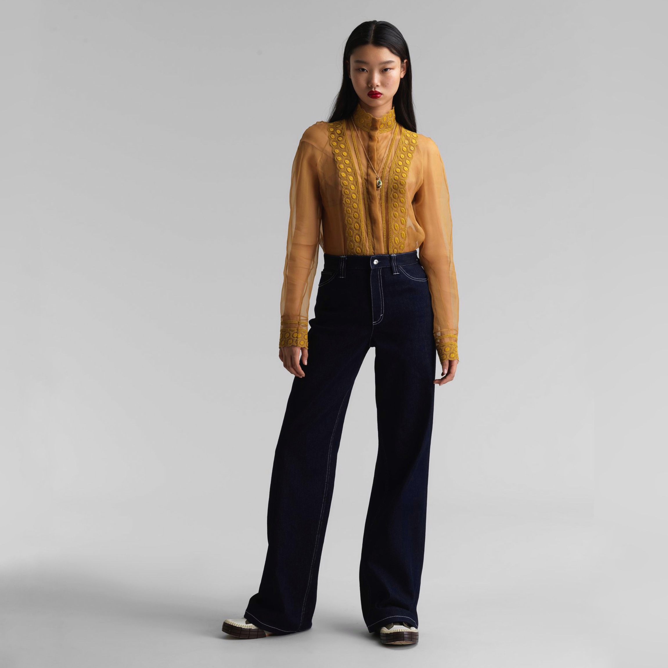 深蓝色水洗直筒宽松牛仔裤长裤