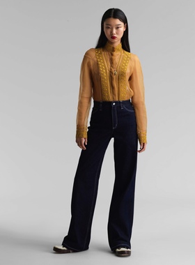 美系安家AP 女款 复古休闲深蓝色水洗直筒宽松百搭牛仔裤长裤