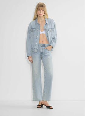 老钱风丹宁DF 女款 Farrah雪花水洗浅蓝色高腰宽松牛仔裤阔腿裤