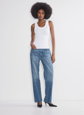 老钱风丹宁DF 女款 BAGGY 90年代雪花水洗蓝色复古高腰宽松牛仔裤