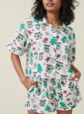 澳洲C*tt*n On女款 亚麻/人造丝休闲印花/纯色松紧腰直筒家居短裤