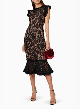 美系轻奢@lexis 女款 577$ Kleo 黑色丝绒蕾丝拼接中长连衣裙