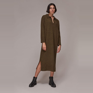 深绿色翻领长袖 英系Whi 羊毛 女款 侧开叉针织连衣裙 tle