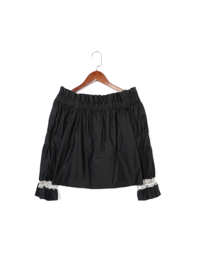 美系轻奢@lexis 女款 黑色 一字肩蕾丝拼接上衣