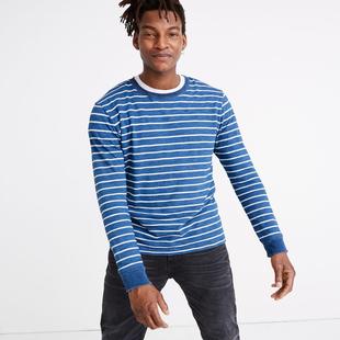 美系M 男款 棉质 indigo 蓝白条纹圆领长袖T恤
