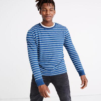 蓝白条纹圆领套头长袖T恤
