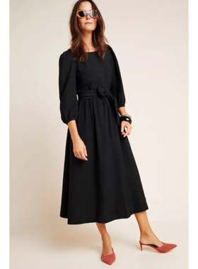 美系安家AP 女款 Hyacinth黑色圆领后交叉肩带系带泡泡袖连衣裙