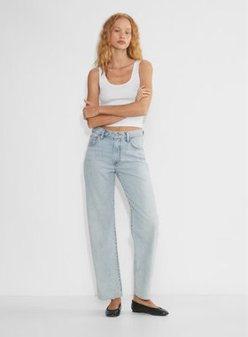 老钱风丹宁DF 女款 复古水洗做旧浅蓝色Marlo高腰宽松牛仔裤