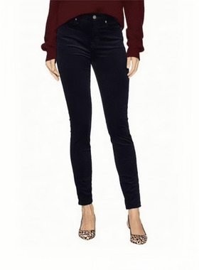 洛杉矶高端牛仔7FAM 女款 深蓝色灯芯绒高腰裁剪修身直筒牛仔裤