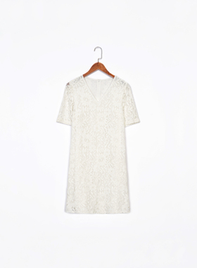 美系轻奢@lexis 女款 白色 蕾丝v领短袖连衣裙
