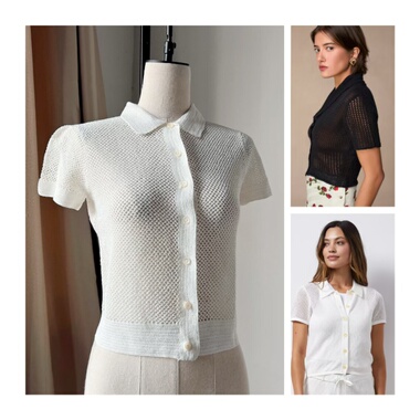 美系经典R早期hand-crochet手工钩针 女款黑色网眼镂空针织polo衫