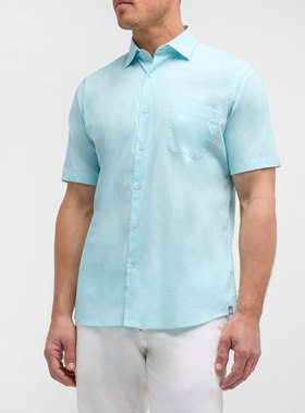 美系高端成衣PM男款 棉日本面料Piers天蓝色图案翻领口袋短袖衬衫