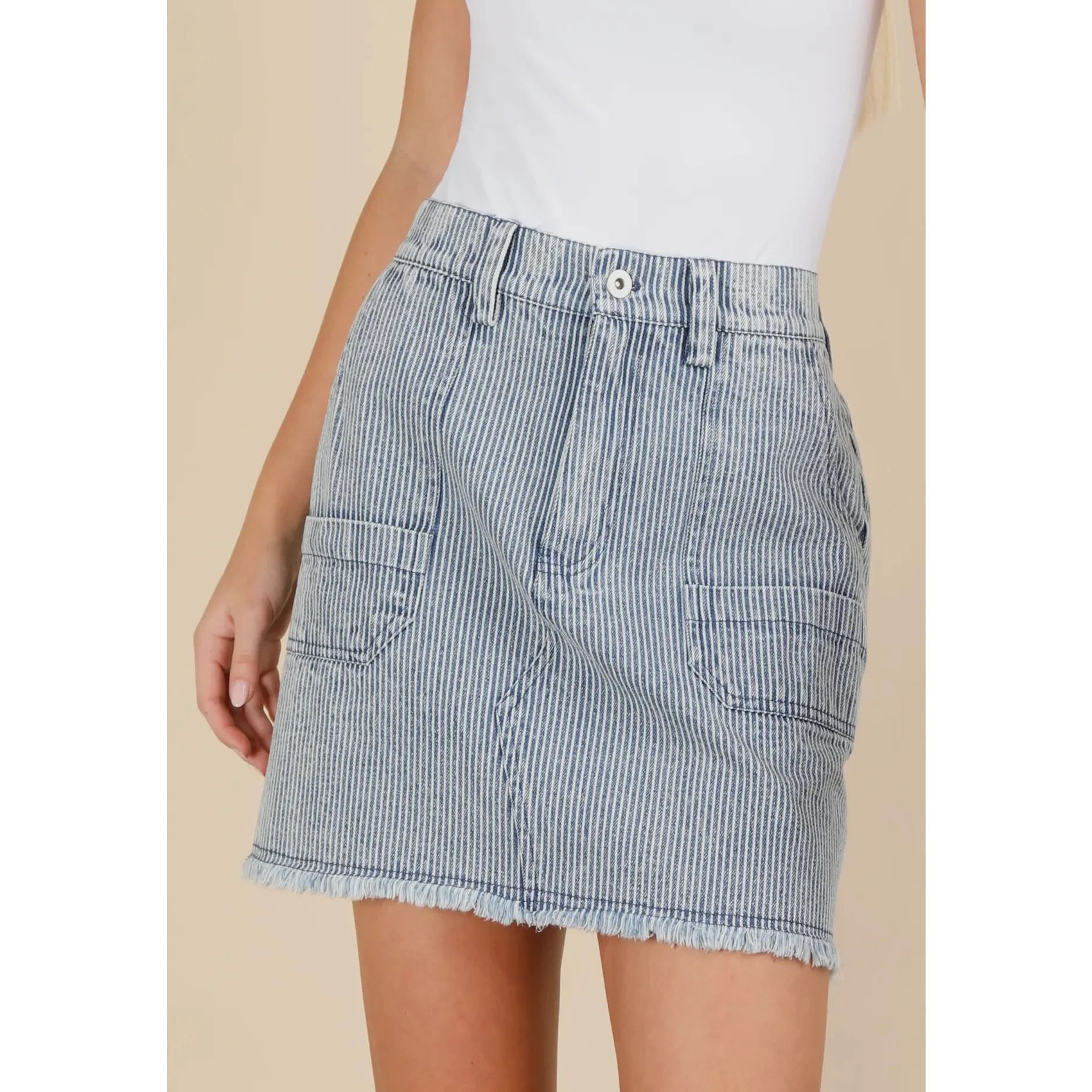 美系复古单宁LB 女款 条纹不规则多口袋毛边牛仔半身裙 两色