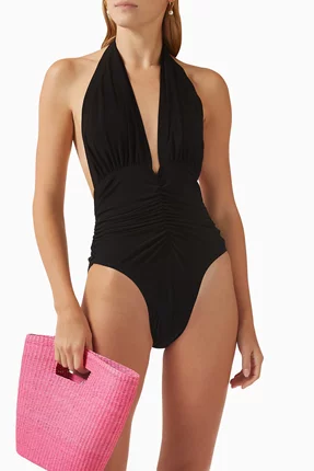 未来复古纽约设计师NK 深v挂脖露背褶皱连体泳衣 可外穿