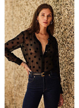 巴黎设计师EQ 女款 条纹/波点纹理翻领长袖薄款透视衬衫 两款