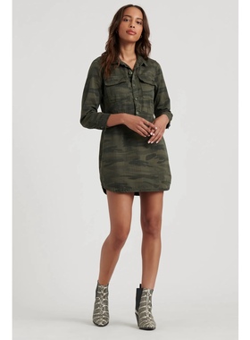 美系复古单宁LB女款 surplus迷彩翻领长袖套头牛仔衬衫连衣裙