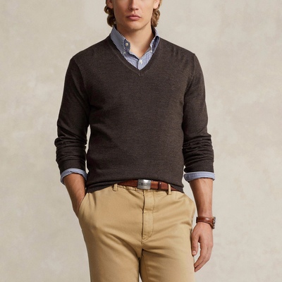 美系经典 男款100%美丽诺羊毛 经典pony刺绣V-neck V领针织衫