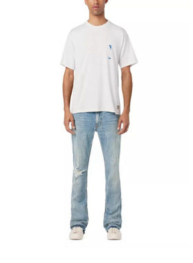 洛杉矶复古丹宁H 男款 Walker Kick蓝色腰果印花破洞喇叭牛仔裤