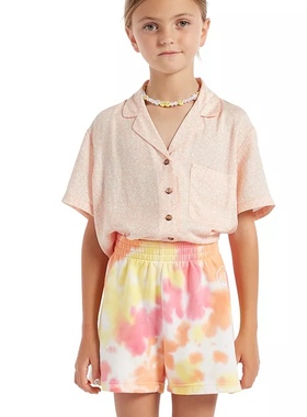 加州街头运动volc*m 女童 棉 粉黄扎染笑脸印花抓绒直筒短裤