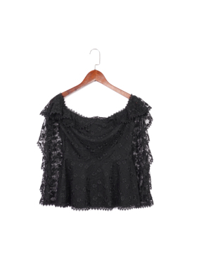 美系轻奢@lexis 女款 黑色一字肩荷叶边蕾丝鱼骨上衣