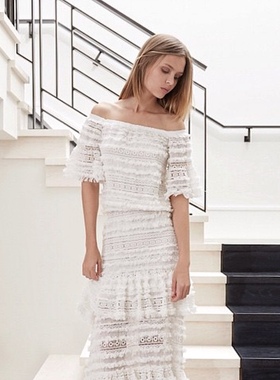 美系轻奢@lexis 女款 白色蕾丝镂空一字肩短款上衣