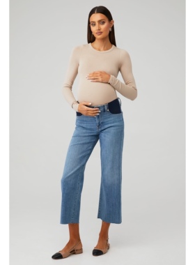 洛杉矶高端牛仔7FAM 孕妇装蓝色 弹性腰复古阔腿直筒牛仔裤