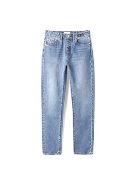 北欧高街 女款 Solstice 蓝色 猫须水洗高腰修身直筒牛仔裤