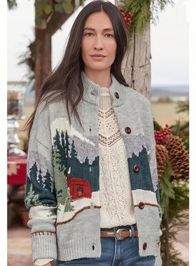 美系休闲Su*d@nce Secret Cabin英伦冬日风景嵌花立领针织开衫