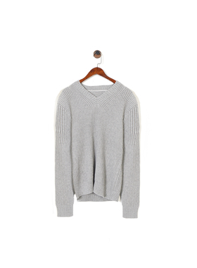 美系极简E 女款 棉质 休闲灰色V领套头罗纹长袖毛衣