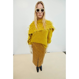 纽约设计师TT 女款 羊驼毛 黄色毛圈圆领套头毛衣针织衫