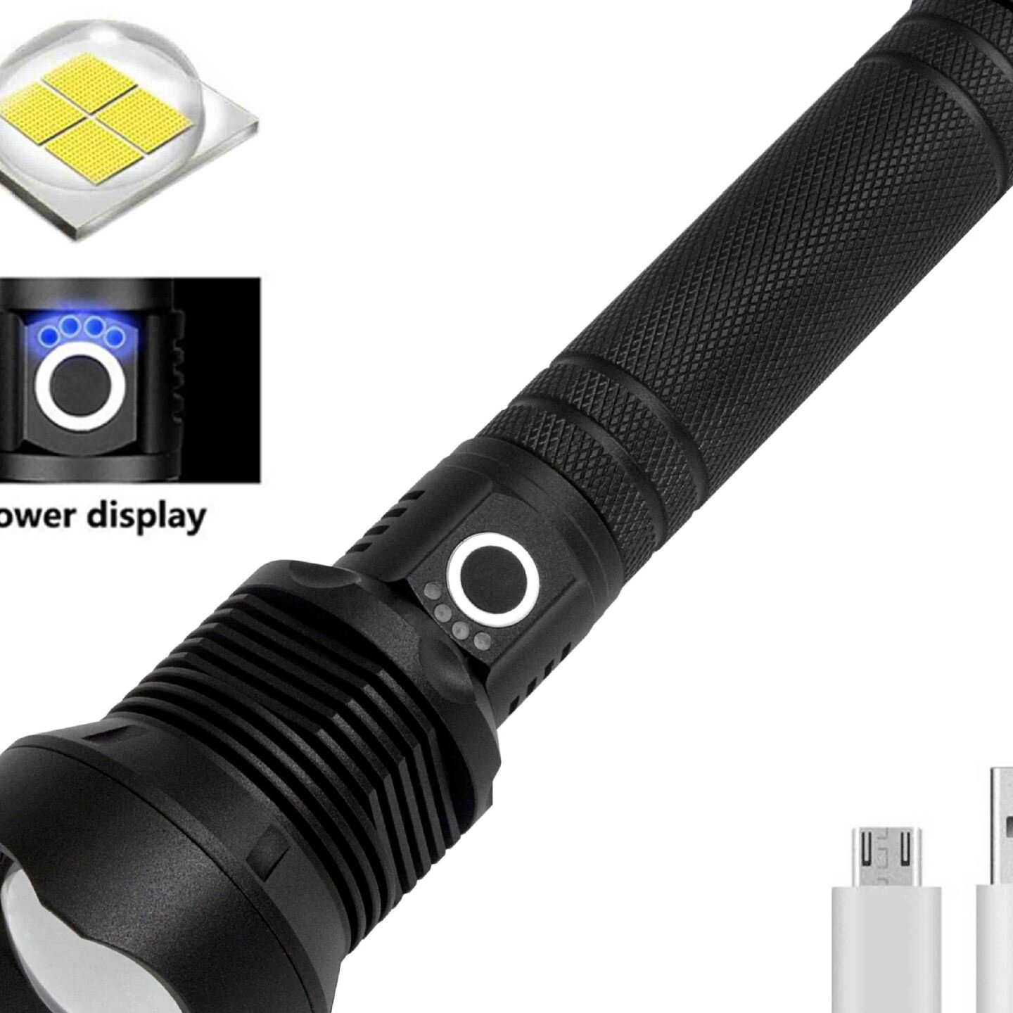 跨境新款铝合金XHP70 USB充电电量显示大功率伸缩变焦LED手电筒