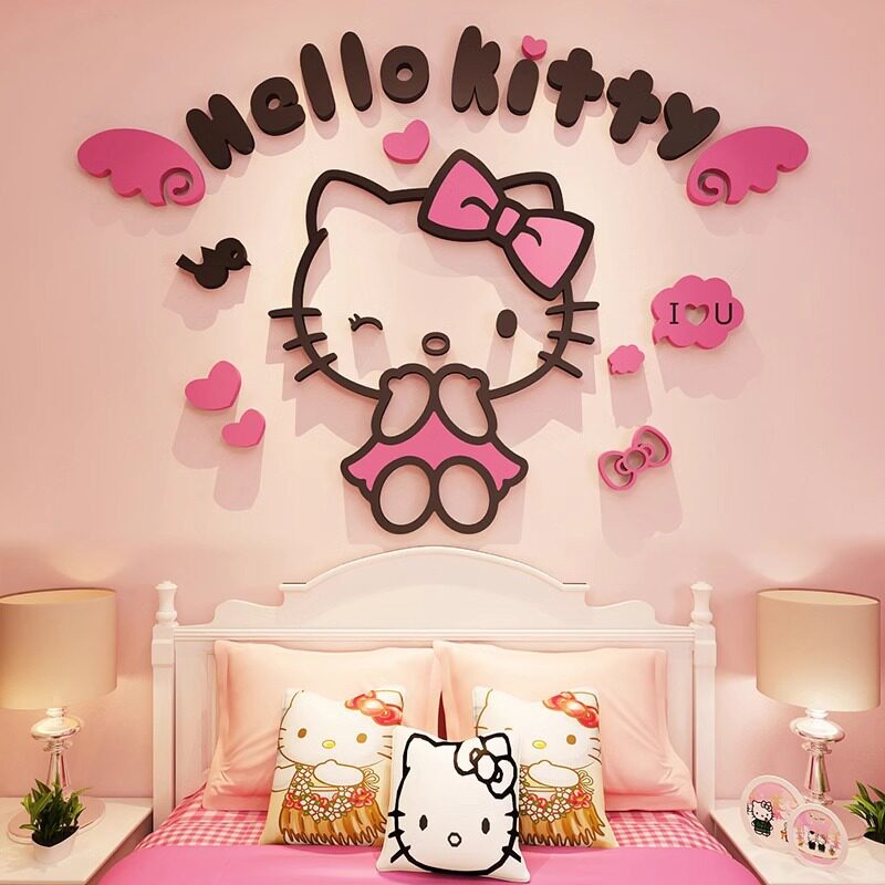 hellokitty猫墙贴画女孩房间贴纸卡通装饰品3d立体儿童房卧室床头