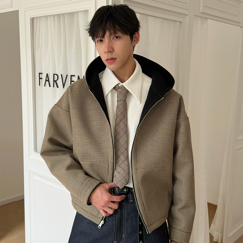 WESSK双面穿540g千鸟格拉链外套