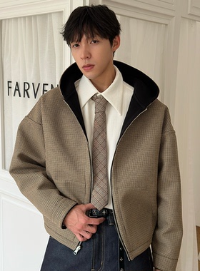 WESSK千鸟格连帽卫衣双面穿540g重磅cleanfit春男复古拉链外套
