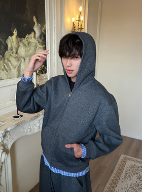 WESSK秋冬磨毛空气层假两件连帽卫衣拉链开衫情侣格纹休闲外套