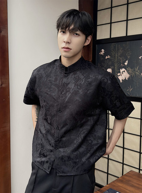 WESSK新中式国风小立领腰果花暗纹提花夏季休闲透气短袖衬衫男女