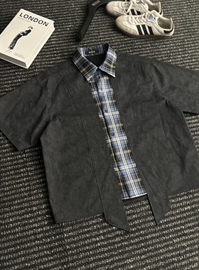 WESSK大理石暗纹拼接蓝格纹解构异形短袖休闲衬衫短宽立体剪裁