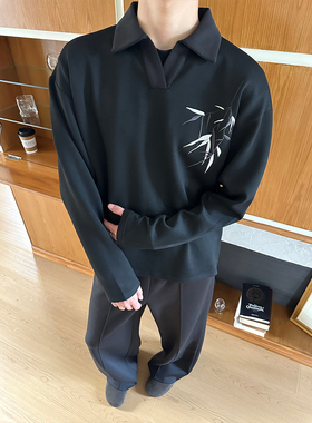 WESSK竹叶提花刺绣V领秋季cleanfit休闲百搭情侣polo长袖衬衫