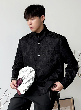WESSK新中式春秋长袖衬衫腰果花cleanfit暗纹提花休闲高级外套