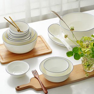 家用现代简约蓝边白色骨瓷饭碗汤碗餐具 釉上彩陶瓷碗盘 唐山